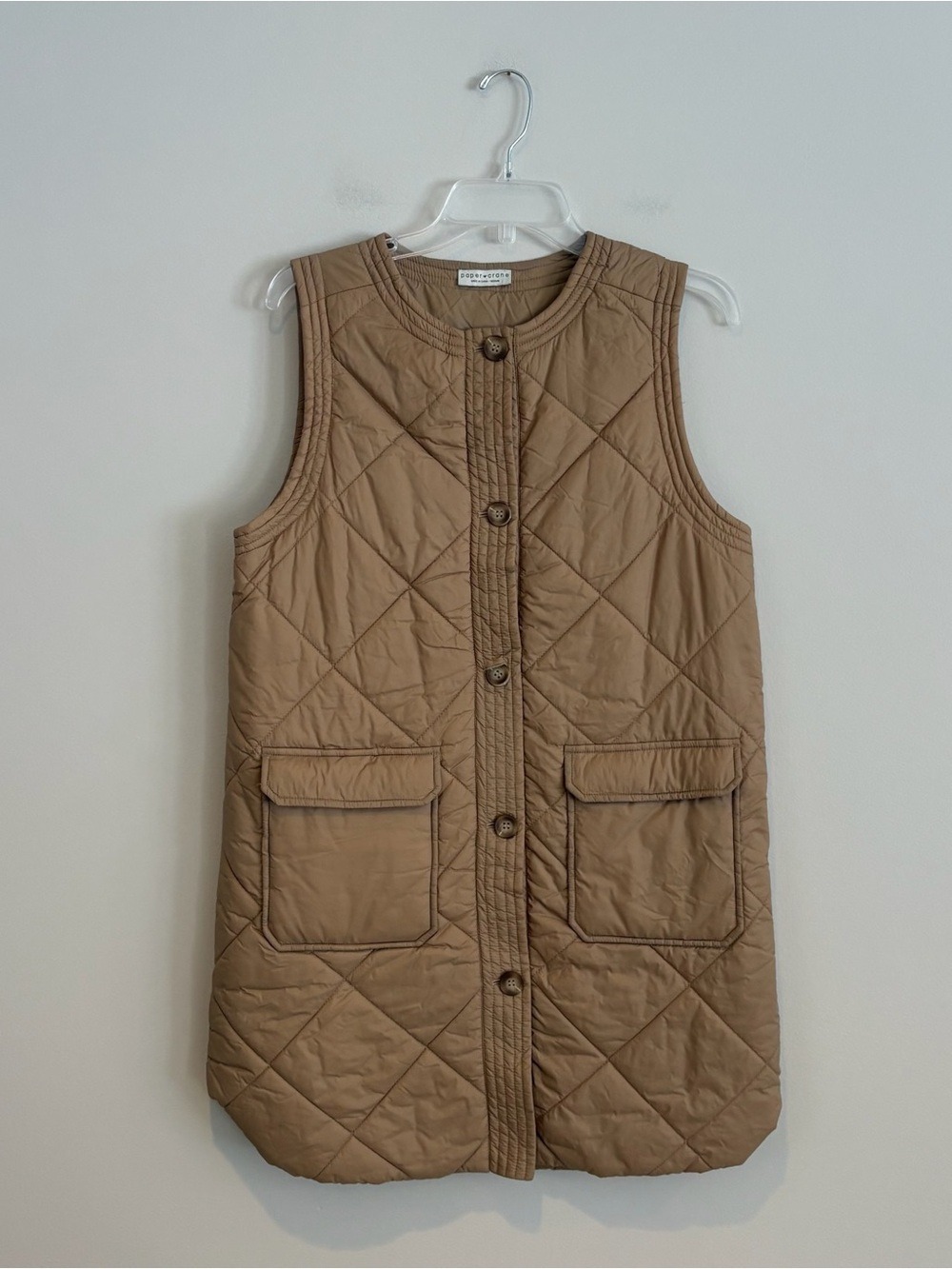 Paper Crane Beige Quilted Button-Front Vest | Lightweight Layering | Neutral Tan
